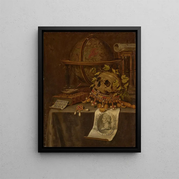 Edwaert Collier - A skull atop a jewelled crown an astrological globe an hourglass a book a shell with soap bubbles and an engraved portrait of the Emperor Augustus on a draped table.webp