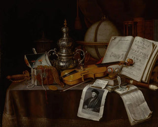 Edwaert Collier - Vanitas still life with a violin silver incense burner globe sword box of jewelry and manuscripts.webp