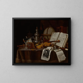 Edwaert Collier - Vanitas still life with a violin silver incense burner globe sword box of jewelry and manuscripts.webp