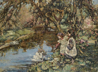 Edward Atkinson Hornel - Feeding The Swans.webp