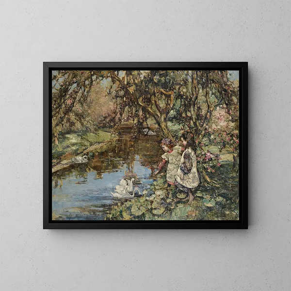 Voeden van de zwanen - Edward Atkinson Hornel — ingelijst kunstwerk aan de muur