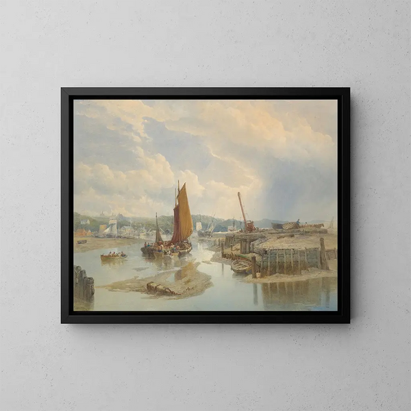 Een stad aan een estuarium bij laagwater - Edward Duncan — ingelijst kunstwerk aan de muur