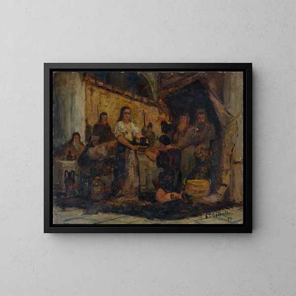 Salomé die de kop van Johannes de Doper ontvangt - Edward Mitchell Bannister — ingelijst kunstwerk aan de muur
