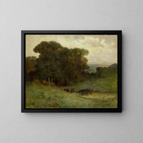 Onbekende bos scène zonder titel met een brug en koeien in de beek op de voorgrond - Edward Mitchell Bannister — ingelijst kunstwerk aan de muur