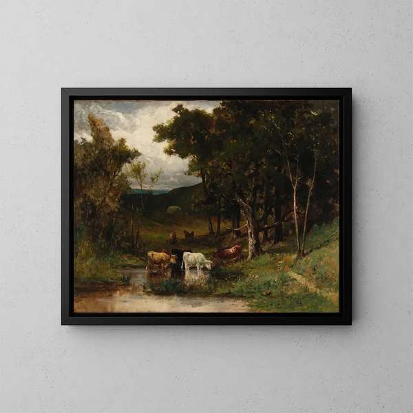 Landschap zonder titel met koeien in een beekje bij de bomen - Edward Mitchell Bannister — ingelijst kunstwerk aan de muur