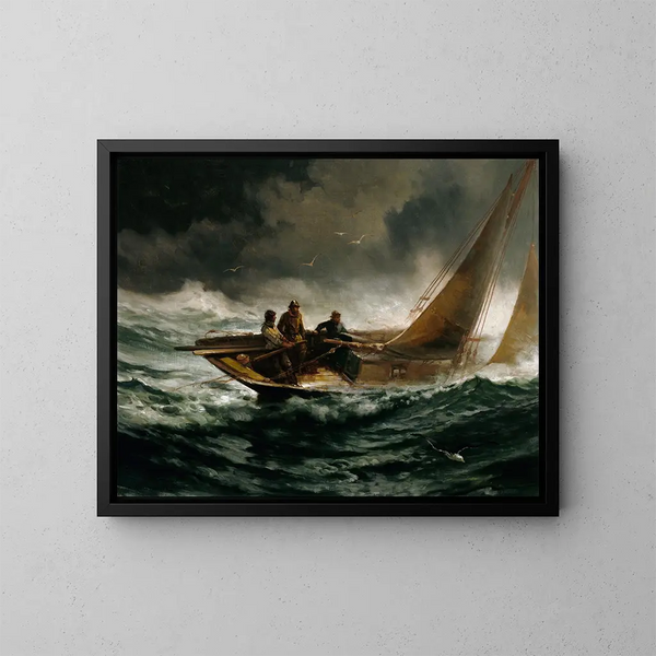 Het trotseren van een storm - Edward Moran — ingelijst kunstwerk aan de muur