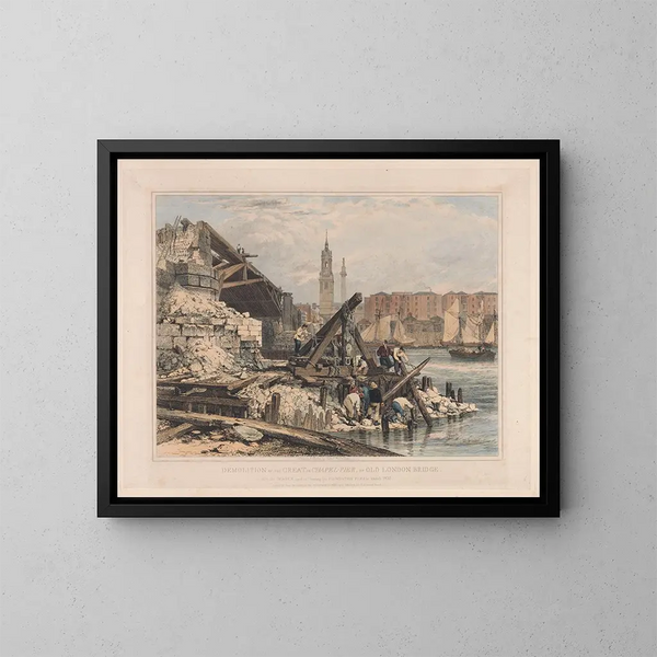 van de afbraak van de grote pilaar of de kapel van de oude brug van Londen - Edward William Cooke — ingelijst kunstwerk aan de muur