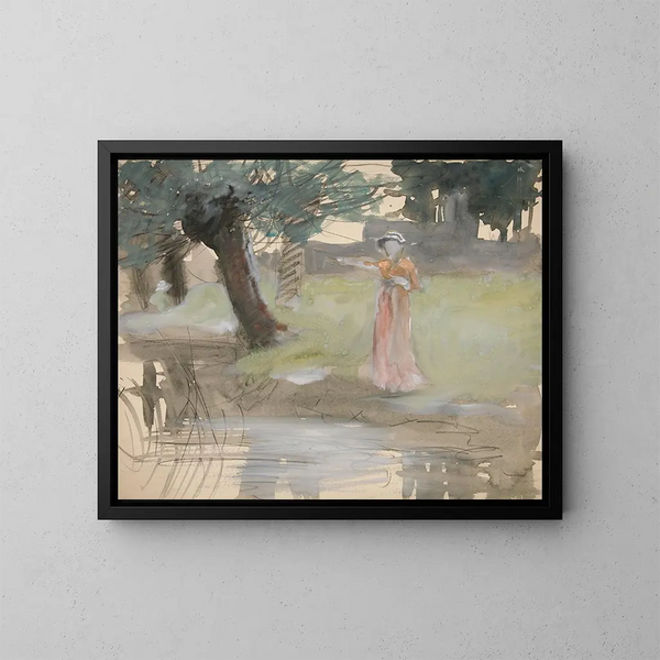 Vrouw staand aan de rand van een rivier - Edwin Austin Abbey — ingelijst kunstwerk aan de muur