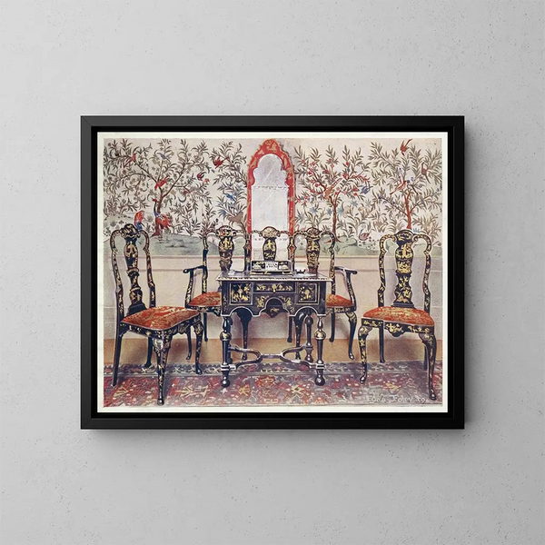 Stoelen en tafel in zwarte lak met rode lakspiegel - Edwin Foley — ingelijst kunstwerk aan de muur