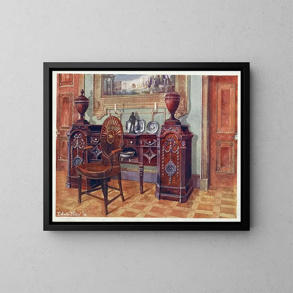 buffet van gesneden mahoniehout en ovale rugleuningstoel - Edwin Foley — ingelijst kunstwerk aan de muur