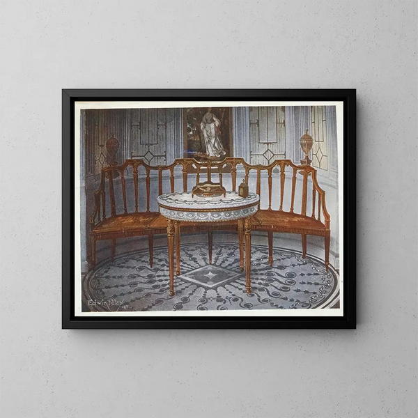 Satin gebeeldhouwd bank met dossier, geschilderde en vergulde tafel - Edwin Foley — ingelijst kunstwerk aan de muur