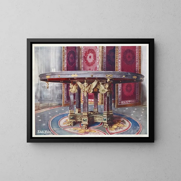 Cirkelvormig marmeren schilderij met vergulde bronzen monturen gegraveerd - Edwin Foley — ingelijst kunstwerk aan de muur