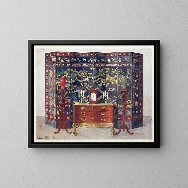 van een gebogen kast in Chippendale-stijl onder Franse invloed - Edwin Foley — ingelijst kunstwerk aan de muur