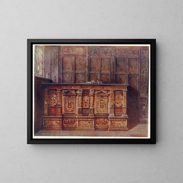 kist met munitie, aangeboden door Sir Hugh Offley toen hij burgemeester van Londen was in 1556, in de Sint-Marie-Overie kerk, nu de Sint-Sauwer kathedraal van Southwark - Edwin Foley — ingelijst kunstwerk aan de muur