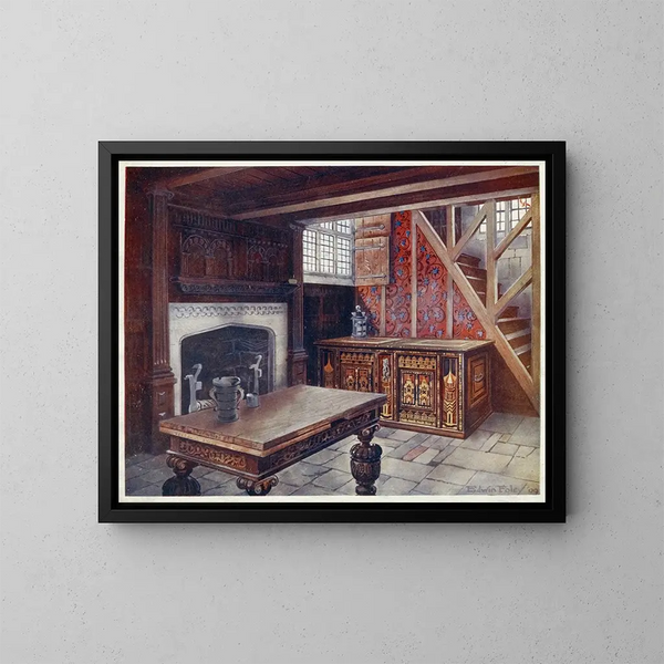 van een gesneden kastenschilderij, gesneden tekentafel, gesneden schouwmantel, oudste Engelse behangpapier - Edwin Foley — ingelijst kunstwerk aan de muur