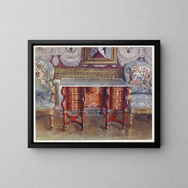 van een bureau tafel op de knieën in rood schildpad, met gelakt stalen bovenkant, vergulde Boulle-gestoffeerde fauteuils met tapijt - Edwin Foley — ingelijst kunstwerk aan de muur