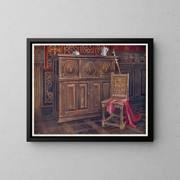 Houten kastenschilderij met ronde convex panelen, armloze walnoothouten stoel met gevlochten bloemmotief op de rug - Edwin Foley — ingelijst kunstwerk aan de muur
