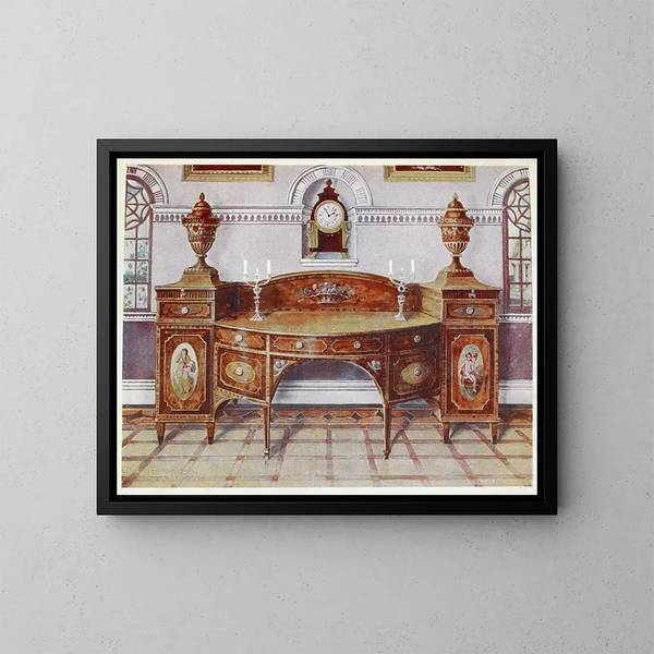 buffet en satijnhout geschilderd en ingelegd, consoleklok in mahoniehout - Edwin Foley — ingelijst kunstwerk aan de muur