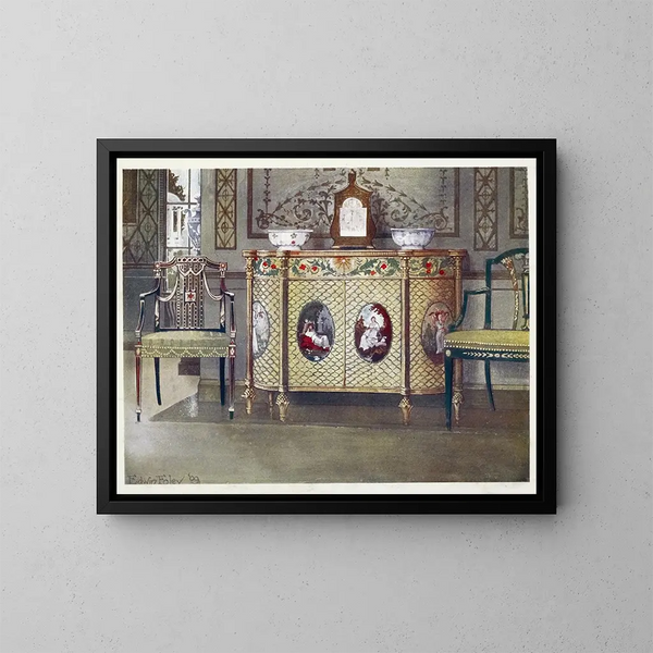 Commode en geschilderde stoelen - Edwin Foley — ingelijst kunstwerk aan de muur