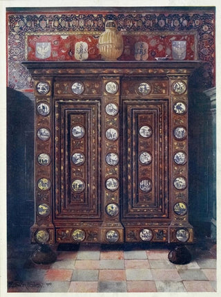 Edwin Foley - Walnut kas inlaid and with painted medallions of Delft ware.webp