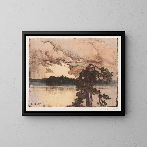 Landschapschilderij met meer bij zonsondergang - Eero Järnefelt — ingelijst kunstwerk aan de muur