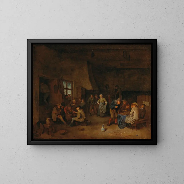 Binnenkant van een kroeg met boeren die triktrak spelen - Egbert van Heemskerck — ingelijst kunstwerk aan de muur