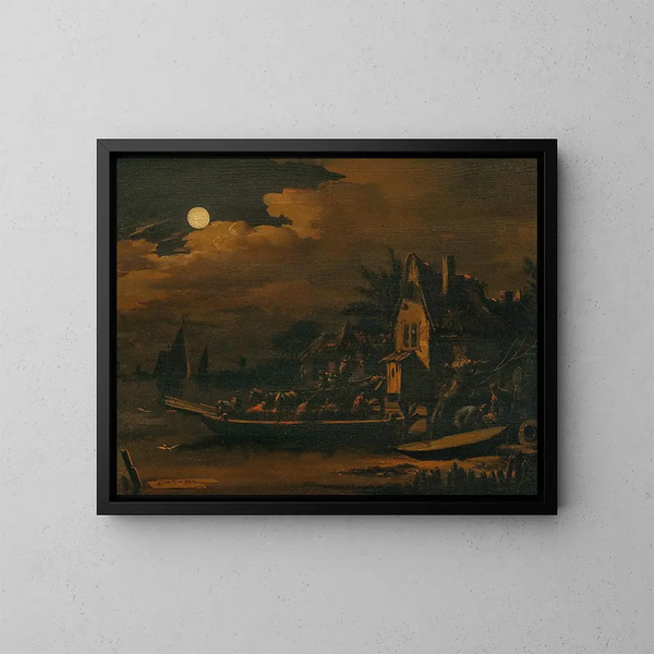 Een rivierlandschap 's nachts met een veerboot - Egbert van der Poel — ingelijst kunstwerk aan de muur