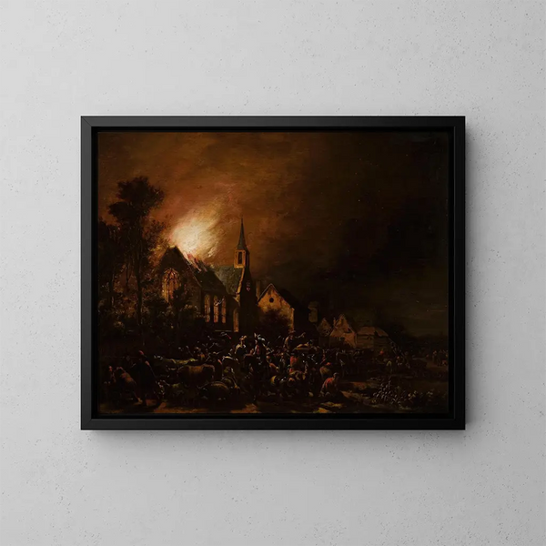 Kerk in brand - Egbert van der Poel — ingelijst kunstwerk aan de muur