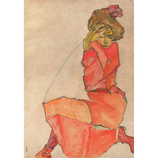 Egon Schiele - Kneeling Female in OrangeRed Dress.webp