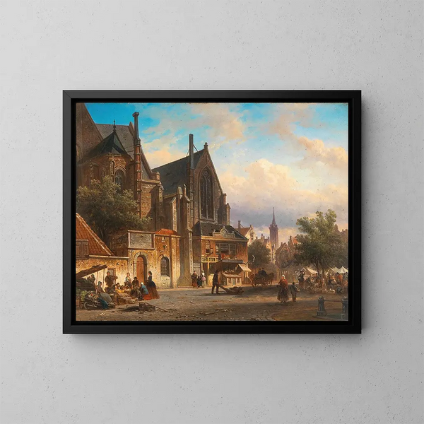 Uitzicht op de Nederlandse markt - Elias Pieter van Bommel — ingelijst kunstwerk aan de muur