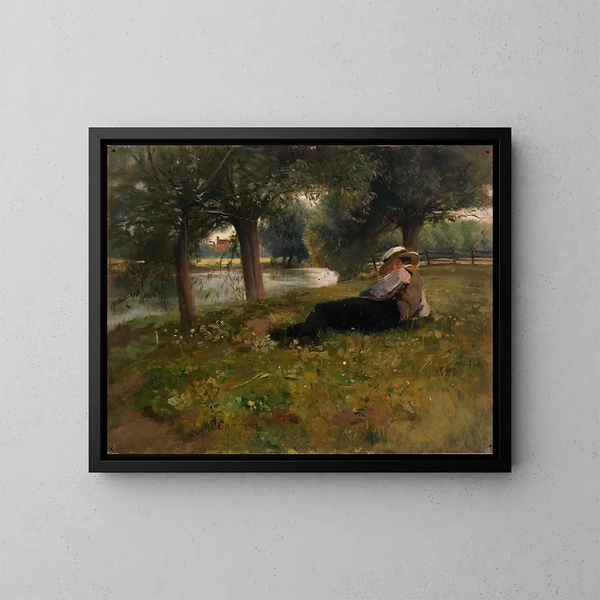 van een liggende man naast een beek - Eliphalet Fraser Andrews — ingelijst kunstwerk aan de muur