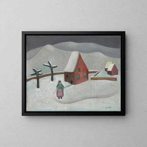 Landschap met rood huis - Emanuel Schättli — ingelijst kunstwerk aan de muur