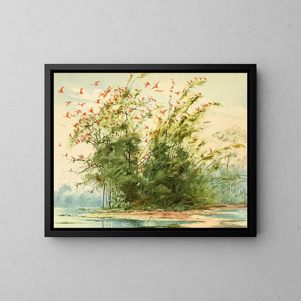 van een nest van reigers, rode ibis aan de Atlantische kust van het eiland Maraj - Emil August Göldi — ingelijst kunstwerk aan de muur