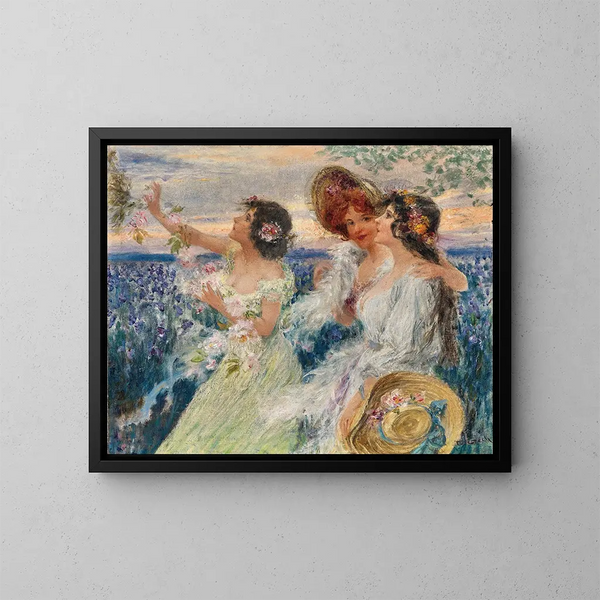 Lente, drie dames voor een lelieveld - Emil Czech — ingelijst kunstwerk aan de muur