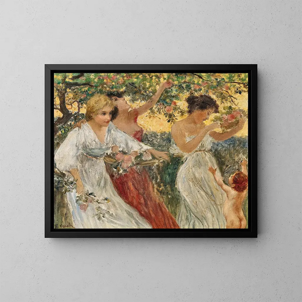De drie graces onder een bloeiende boom - Emil Czech — ingelijst kunstwerk aan de muur