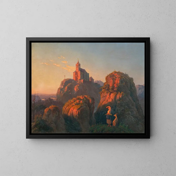 Landschap met kerk bij schemering - Emil Ludwig Lühr — ingelijst kunstwerk aan de muur