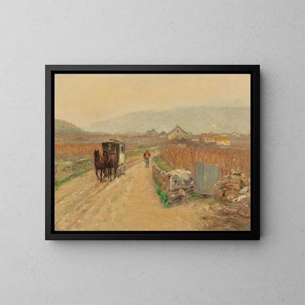 Coche sur un chemin de village - Emil Strecker — ingelijst kunstwerk aan de muur