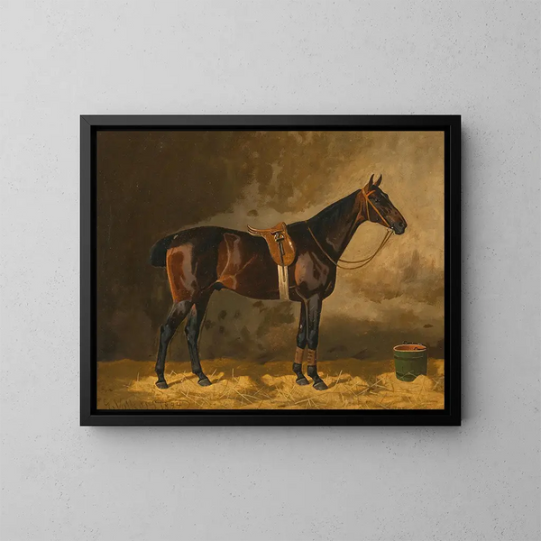 Een bruin paard in een stallen - Emil Volkers — ingelijst kunstwerk aan de muur
