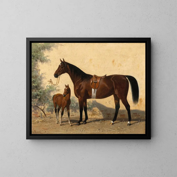 Een bruin paard met een veulen - Emil Volkers — ingelijst kunstwerk aan de muur