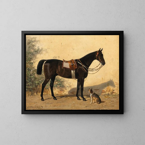 Een zwarte paard met een hond - Emil Volkers — ingelijst kunstwerk aan de muur
