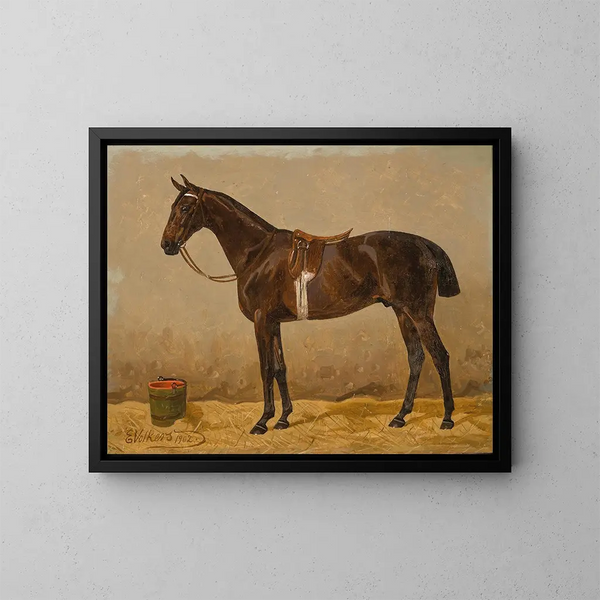 Een bruin paard met zadel in een stallen - Emil Volkers — ingelijst kunstwerk aan de muur