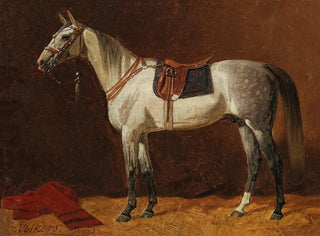 Emil Volkers - A Saddled White Horse in a Stable.webp