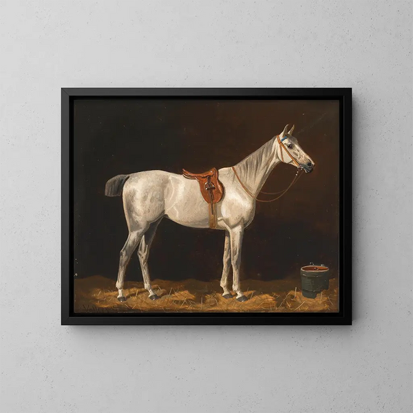 Een wit paard in een stallen - Emil Volkers — ingelijst kunstwerk aan de muur