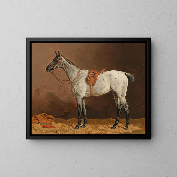 Een wit paard in de stallen - Emil Volkers — ingelijst kunstwerk aan de muur