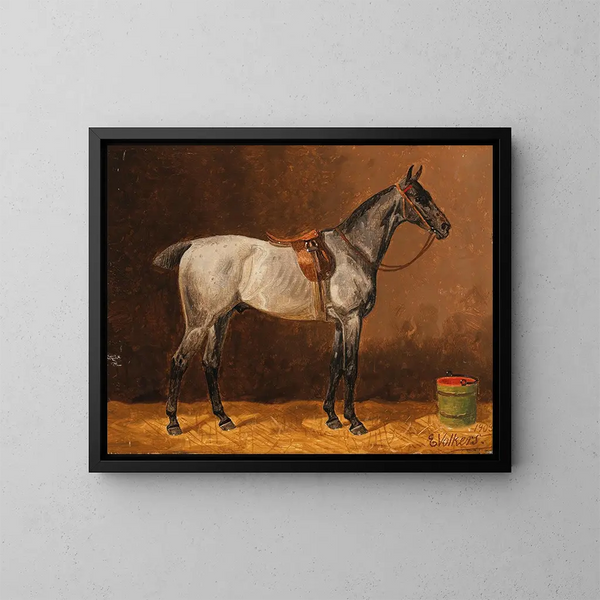 van een gezadeld paard in een stallen - Emil Volkers — ingelijst kunstwerk aan de muur