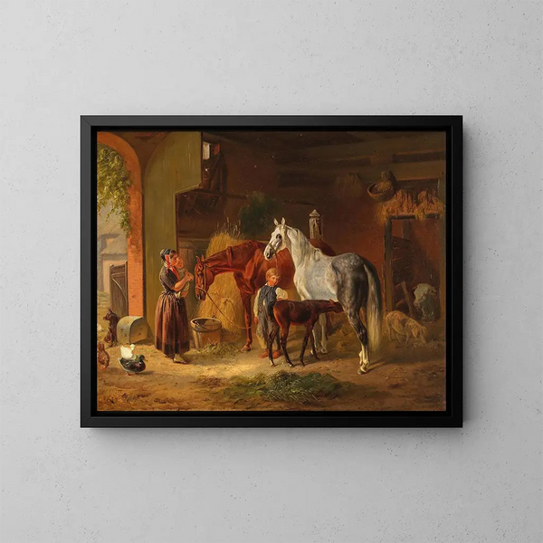 Bezoek aan het veulen in de stallen - Emil Volkers — ingelijst kunstwerk aan de muur