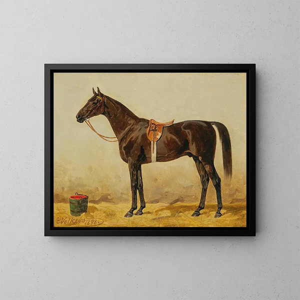 Paard zwart in de stallen II - Emil Volkers — ingelijst kunstwerk aan de muur