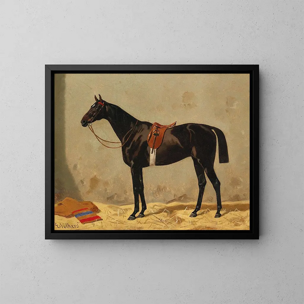 Zwart paard in de stallen - Emil Volkers — ingelijst kunstwerk aan de muur