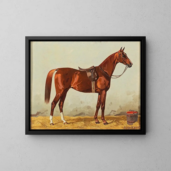 Paard bruin in de stallen met een zadeldek - Emil Volkers — ingelijst kunstwerk aan de muur