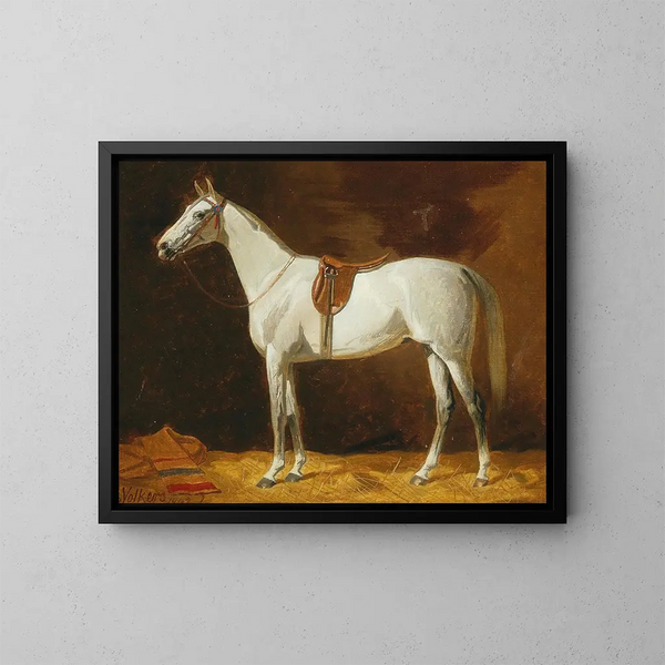 Paard met zadel in de stallen - Emil Volkers — ingelijst kunstwerk aan de muur